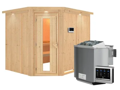 Systemsauna Malin mit Dachkranz, Holztür mit Isolierglas, inkl. 9 kW Bio-Kombiofen ext. Steuerung Produktbild #5
