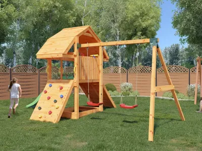Spielturm Buffalo teakfarben inkl. Doppelschaukel + Rutsche grün Produktbild #2