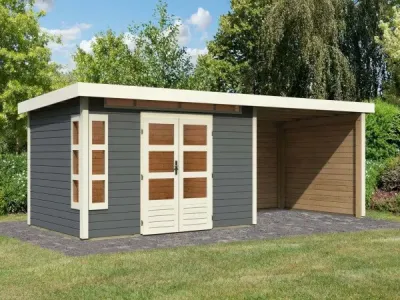 Gartenhaus SET Kastorf 7 28 mm terragrau inkl. 3,2 m Anbaudach + Rückwand + Seitenwand Produktbild #1