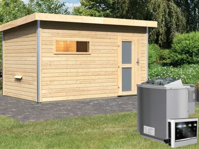 Saunahaus Skrollan 3 mit Milchglastür & Vorraum, inkl. 9 kW Bio-Kombiofen mit externer Steuerung Produktbild #1
