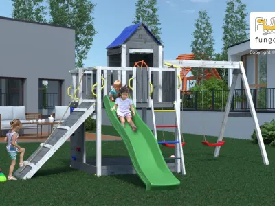 Spielturm Treehouse grau-weiß inkl. Doppelschaukel + Rutsche Produktbild #3