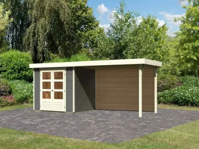Gartenhaus Askola 3 19 mm terragrau inkl. 2,8 m Anbaudach + Rückwand Produktbild #1