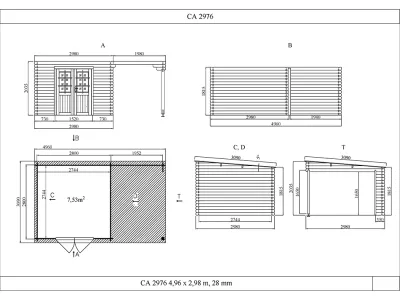 Gartenhaus Blockbohlenhaus CA2976 28 mm naturbelassen mit 2 m Anbau Produktbild #3
