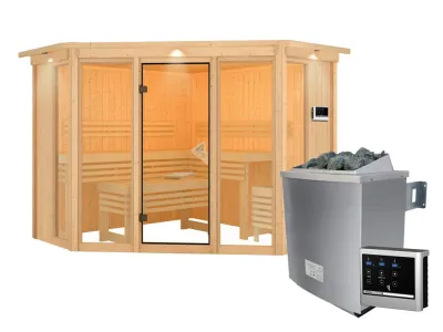 Sauna Alcinda mit bronzierter Glastür und Dachkranz + 9 kW Saunaofen ext. Strg. Produktbild #2