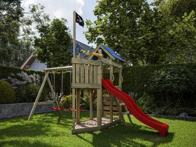 Spielturm Pirat Captain Snappy KDI mit Doppelschaukel inkl. Rutsche rot + Sitze rot Produktbild #1