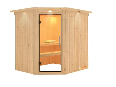 Sauna Systemsauna Lilja mit Dachkranz, Klarglas Ganzglastür Produktbild #7