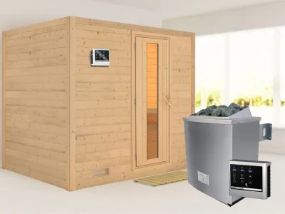 Massivholzsauna Sonara Holztür mit Isolierglas, inkl. 9 kW Saunaofen ext. Steuerung Produktbild #1