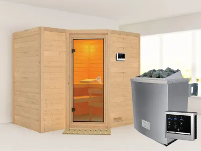 Massivholzsauna Sahib 2 bronzierte Ganzglastür, inkl. 9 kW Ofen ext. Steuerung Produktbild #1