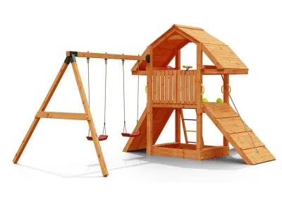 Spielturm Buffalo teakfarben inkl. Doppelschaukel + Rutsche gelb Produktbild #6
