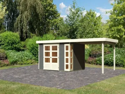 Gartenhaus SET Kerko 5 19 mm terragrau, inkl. 2,8 m Anbaudach Produktbild #1