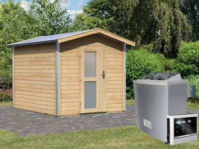 Saunahaus Bosse 1 mit Milchglastür & Vorraum, inkl. 9 kW Saunaofen mit externer Steuerung Produktbild #1