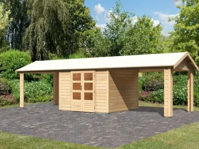 Gartenhaus SET Theres 7 28 mm naturbelassen inkl. zwei 2,6 m Dachausbauelemente Produktbild #1