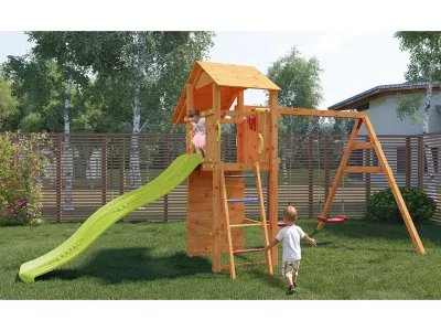 Spielturm Smart 5 teakfarben inkl. Rutsche gelb Produktbild #2