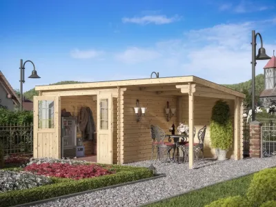 Gartenhaus Blockbohlenhaus CA2976 28 mm naturbelassen mit 2 m Anbau Produktbild #1