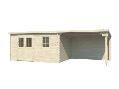 Gartenhaus Blockbohlenhaus CA2987 28 mm naturbelassen mit 3 m Anbau Produktbild #2