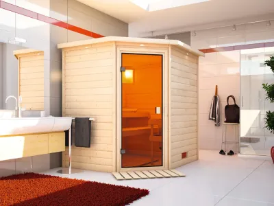 Sauna Massivholzsauna Mia mit Dachkranz, bronzierte Ganzglastür Produktbild #1
