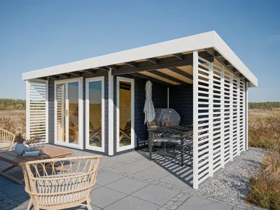 Gartenhaus Homeoffice Arvo 28 mm Anthrazit/Weiß mit 250 cm Anbau Produktbild #1