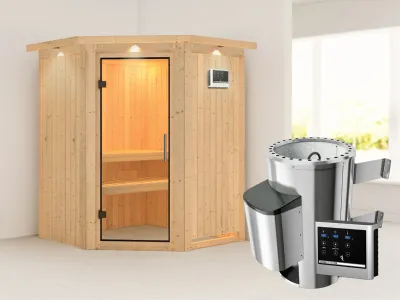 Sauna Systemsauna Nanja mit Dachkranz, Klarglas Ganzglastür + Plug & Play Saunaofen mit ext. Strg Produktbild #1