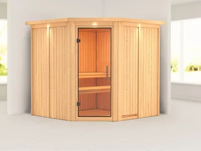 Sauna Systemsauna Jarin mit Dachkranz, Klarglas Ganzglastür Produktbild #1