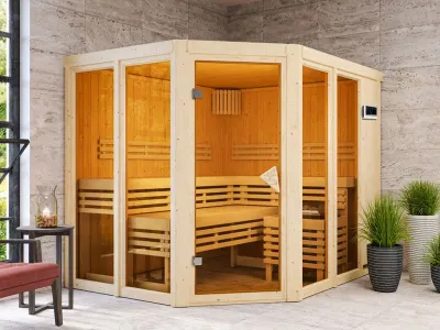 Sauna Ainur mit bronzierter Glastür + 9 kW Bio-Kombiofen mit ext. Strg. Produktbild #1