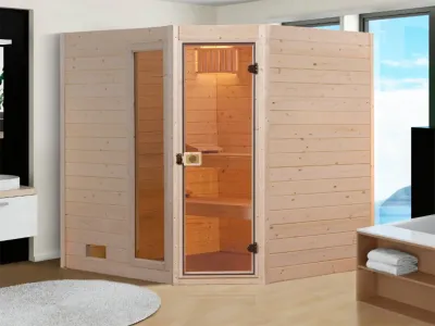 Sauna Massivholzsauna SPARSET 2 Valida Eck 1 GTF inkl. 4,5 kW Bio-Ofen mit ext. Strg. + Leuchtenset Produktbild #1