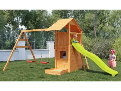 Spielturm Smart 7 teakfarben inkl. Rutsche gelb Produktbild #1