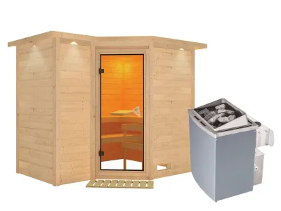 Massivholzsauna Sahib 2 mit Dachkranz, bronzierte Ganzglastür, inkl. 9 kW Ofen integr. Steuerung Produktbild #5