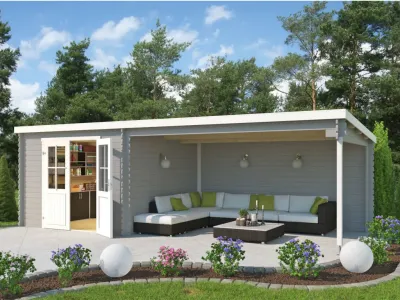 Gartenhaus Blockbohlenhaus St. Louis Exklusiv 28 mm lichtgrau mit 4 m Anbau Produktbild #1