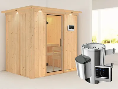 Sauna Systemsauna Fanja mit Dachkranz, Klarglas Ganzglastür + Plug & Play Saunaofen mit ext. Strg Produktbild #1