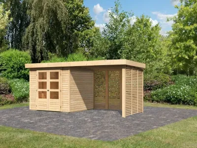 Gartenhaus SET Askola 3,5 19 mm naturbelassen, inkl. 2,8 m Anbaudach + Lamellenwänden Produktbild #1