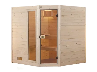 Sauna Massivholzsauna Valida 1.8 Eck mit Klarglastür und Fenster Produktbild #2