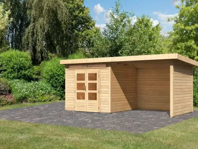 Gartenhaus SET Kandern 6 28 mm naturbelassen, inkl. 3,2 m Anbaudach + Seiten- und Rückwand Produktbild #1