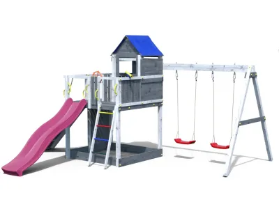 Spielturm Treehouse grau-weiß inkl. Doppelschaukel + Rutsche Produktbild #6