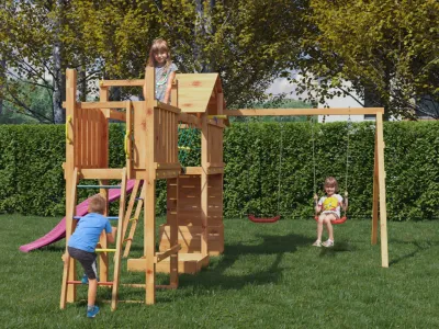 Spielturm Smart 4 Bridge teakfarben inkl. Rutsche pink Produktbild #3