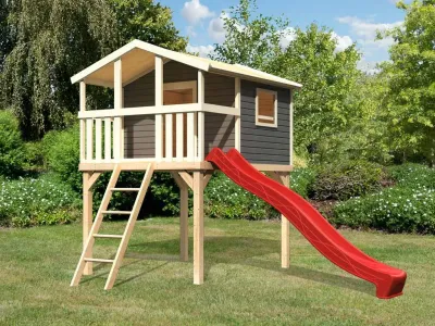 Stelzenhaus Benjamin terragrau inkl. Rutsche rot Produktbild #1