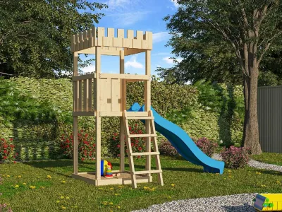 Spielturm SET Ritterburg Löwenherz naturbelassen inkl. Rutsche blau Produktbild #1