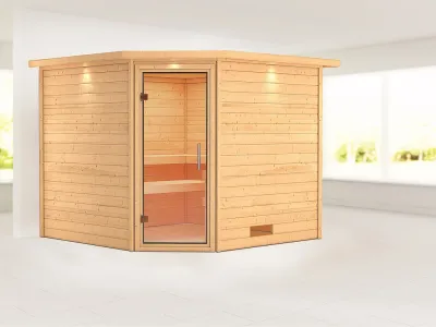 Sauna Massivholzsauna Leona mit Dachkranz, Klarglas Ganzglastür Produktbild #1