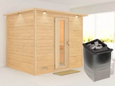 Massivholzsauna Sonara mit Dachkranz Holztür mit Isolierglas Produktbild #1