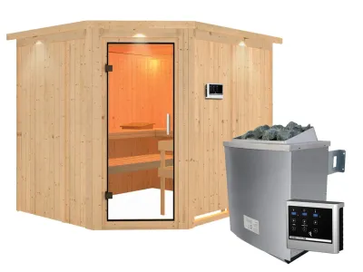 Sauna Systemsauna Malin mit Dachkranz, Klarglas Ganzglastür + 9 kW Saunaofen mit ext. Strg Produktbild #8