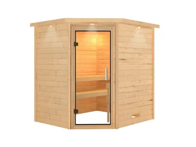 Sauna Massivholzsauna Mia mit Dachkranz, Klarglas Ganzglastür Produktbild #2