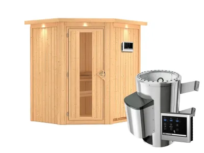 Sauna Systemsauna Tonja mit Dachkranz, Energiespartür + Plug & Play Saunaofen mit ext. Steuerung Produktbild #3