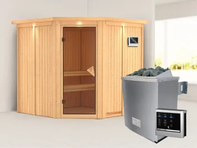 Systemsauna Jarin mit Dachkranz, bronzierte Ganzglastür, inkl. 9 kW Saunaofen ext. Steuerung Produktbild #1