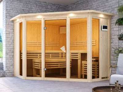 Sauna Alcinda mit bronzierter Glastür und Dachkranz + 9 kW Bio-Kombiofen mit ext. Strg. Produktbild #1