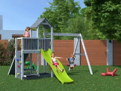 Spielturm Floppi grau-weiß inkl. Doppelschaukel + Rutsche Produktbild #4
