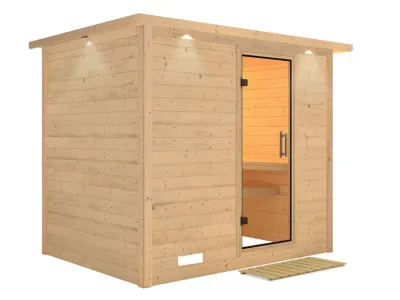 Sauna Massivholzsauna Sonara mit Dachkranz, Klarglas Ganzglastür Produktbild #7