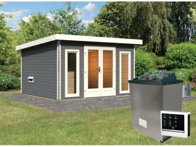 Saunahaus Mainburg 2 terragrau 38 mm inkl. Bio-Kombiofen 9 kW + ext. Steuerung Produktbild #1