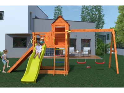 Spielturm Treehouse teakfarben inkl. Doppelschaukel + Rutsche Produktbild #3