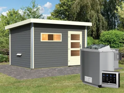 Saunahaus Skrollan 3 mit moderner Tür terragrau + 9 kW Bio-Kombiofen mit ext. Strg. Produktbild #4