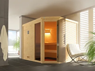 Sauna Massivholzsauna Cubilis ECK 3 mit Rundum-Sorglos-Paket Produktbild #1