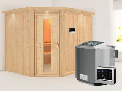 Systemsauna Malin mit Dachkranz, Holztür mit Isolierglas, inkl. 9 kW Bio-Kombiofen ext. Steuerung Produktbild #1